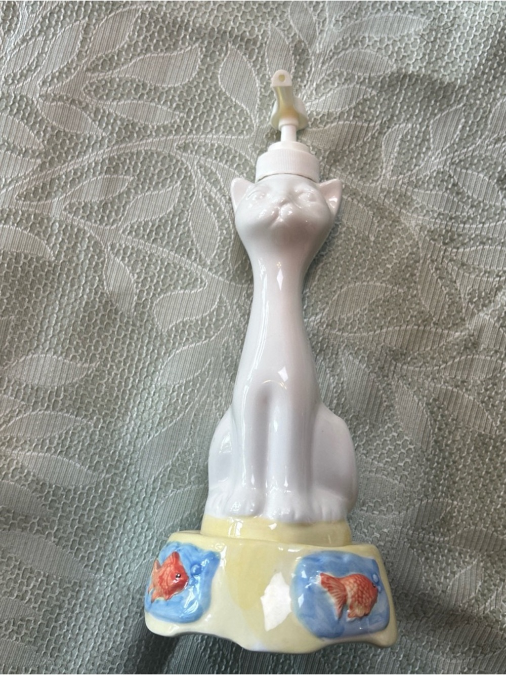 Allure White Cat Ceramic Soap Dispenser with Blue and Orange Fish Accents meow